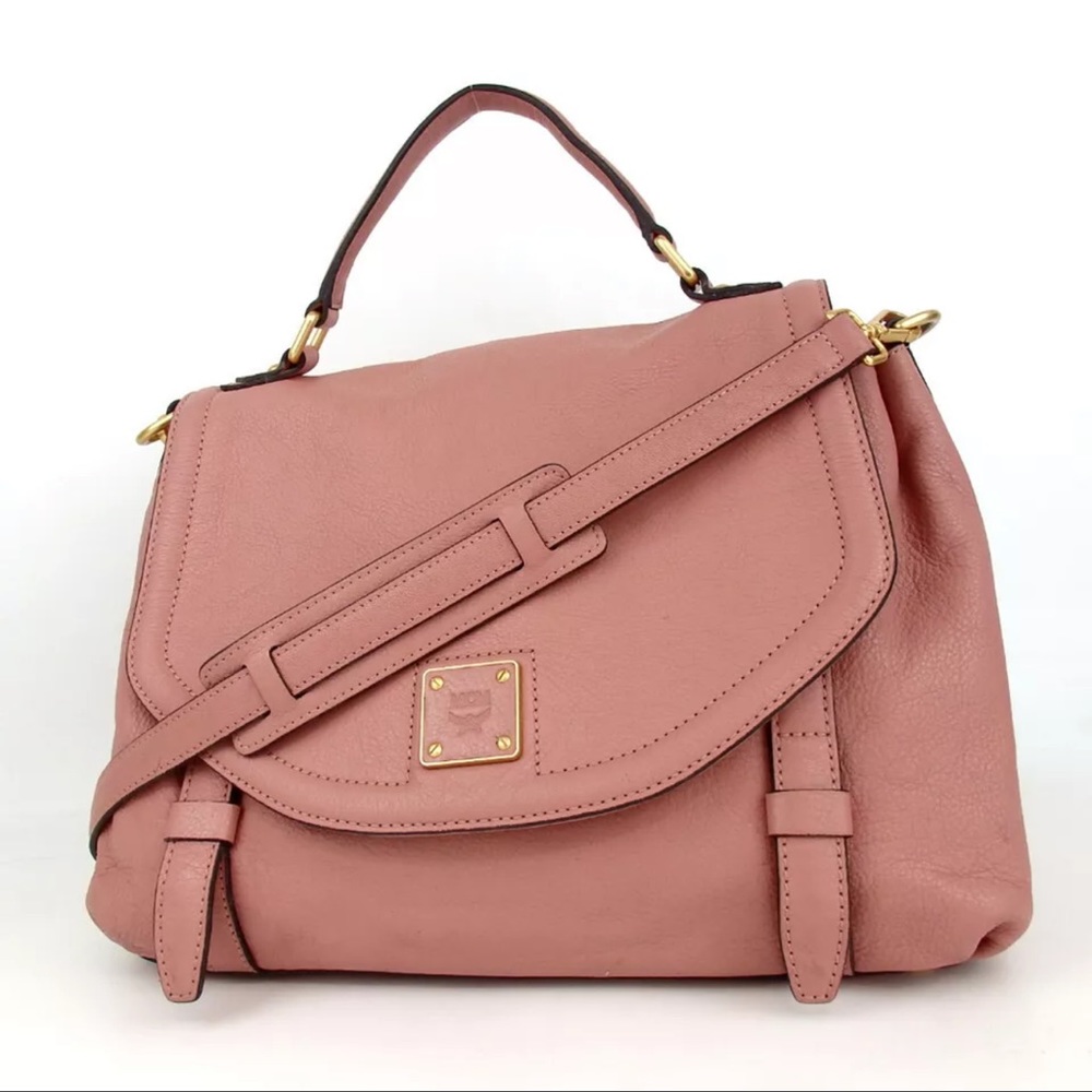 AUTH MCM Pink Leather 2Way Handbag Tote Crossbody